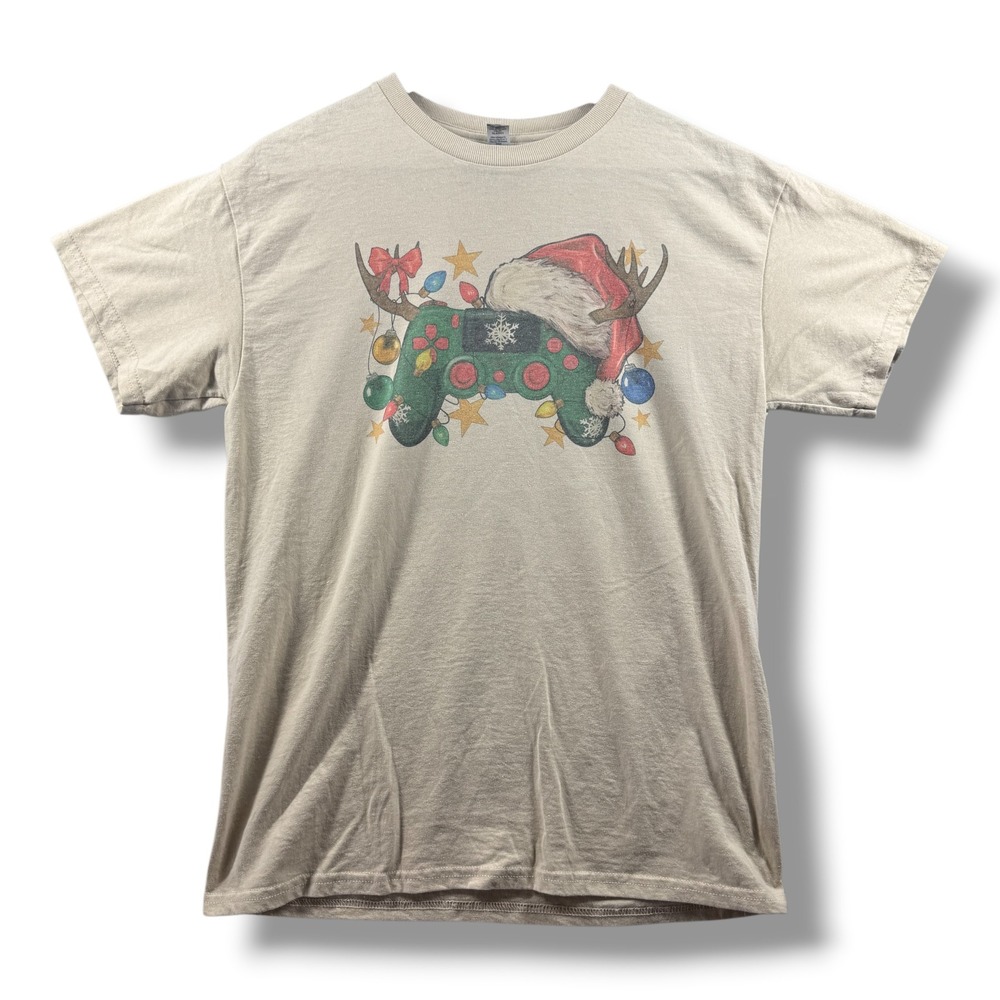 Gildan DryBlend Christmas Gamer T-Shirt Tan Reindeer Antlers Controller Mens M